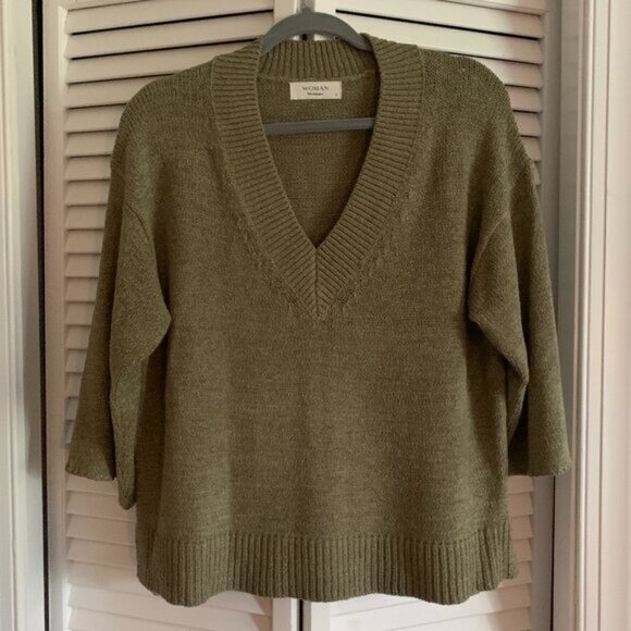 El Corte Ingles relaxed v-neck khaki/green chenille knitted sweater size small - Picture 1 of 7
